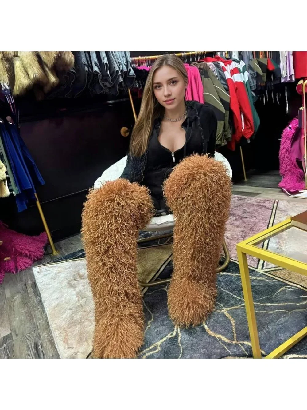 Women's Teddy Round Toe Comfort Over The Knee Fluffy Fur Thigh High Boots